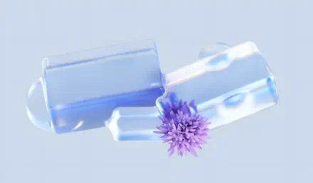 Microsoft Windows 11 4K Ultra HD desktop wallpaper: translucent blue and purple glass-like blocks with a small purple spiky flower on a soft pale background.