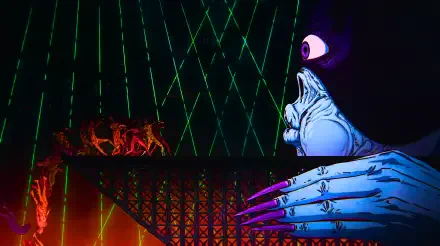 Dorohedoro-inspired anime scene: giant blue monster with a cyclopean eye and clawed hand reaching across a fiery hell bridge beneath crisscrossing green lasers — 5K Ultra HD PC wallpaper/background.