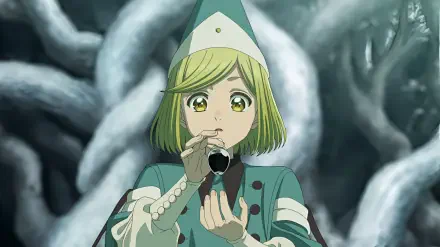 HD PC desktop wallpaper of Coco from Witch Hat Atelier: green‑haired anime witch in teal robes holds a black tube to her mouth, wide‑eyed against twisted gray roots background.