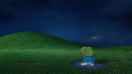 4K Ultra HD PC wallpaper: Pepe the Frog meme meditating on a grassy hill at night under a starry sky.