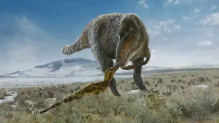 Prehistoric Planet 4K Ultra HD PC desktop wallpaper and background: a shaggy proboscidean uses its trunk to snatch a long reptile across a windswept tundra under a cloudy sky.