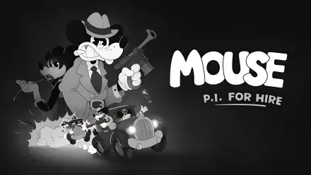 HD PC desktop wallpaper of the video game Mouse: P.I. For Hire — noir-style mouse detective in a hat and trench coat with gangsters, a vintage car and the game logo on a dark background.