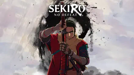 Sekiro: No Defeat 8K Ultra HD PC desktop wallpaper — lone warrior in red gripping a sword before a black ink halo and misty, cloudy background.