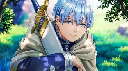 Himmel from Frieren: Beyond Journey's End — blue-haired anime hero leaning on his sword in a sunlit forest; 5K Ultra HD PC desktop wallpaper.
