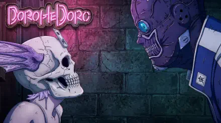 Dark fantasy grunge 5K Ultra HD PC wallpaper: acid-punk anime girl Ebisu (Dorohedoro) faces Noi (Dorohedoro) in a neon-bricked alley, skull mask, purple helmet and Dorohedoro logo.