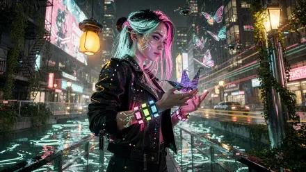 Neon girl with pink and teal hair holds glowing butterflies in a rainy cyberpunk city; LED bracelets and wet reflections — 4K Ultra HD PC Desktop Wallpaper and Background.