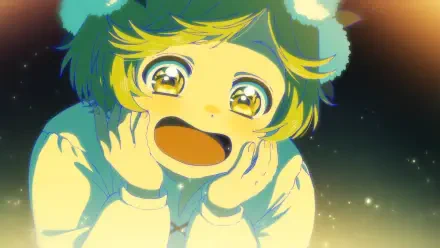 HD PC desktop wallpaper of Coco from Witch Hat Atelier: anime close-up with sparkling wide eyes and a joyful smile against a glowing, starry night background.