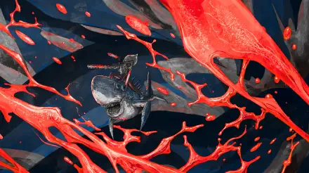 Chainsaw Man splash art: Denji and Beam amid red, blood-like splashes on a dark sea backdrop — 5K Ultra HD anime PC wallpaper.