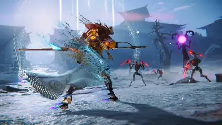 HD PC desktop wallpaper: hack-and-slash, morbid metal rogue-like sci-fi battle — samurai mecha lunges with energy blade against shadowy robotic foes in icy, ruined temple battlefield.