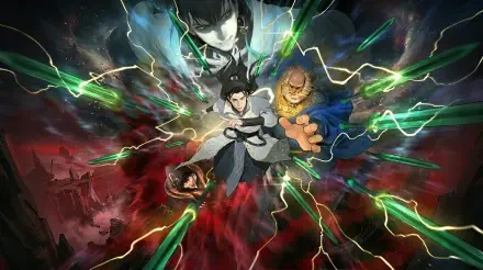 HD PC desktop wallpaper of Han Li from the Chinese novel A Record of a Mortal's Journey to Immortality, soaring through a stormy sky with lightning and swirling mystical allies.