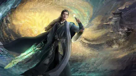 HD PC wallpaper of Han Li from the Chinese novel A Record of a Mortal's Journey to Immortality: robed cultivator with glowing sword before a swirling golden portal and mountain temple.