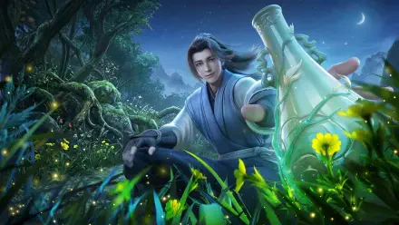 HD PC wallpaper of Han Li from the TV show A Record of a Mortal's Journey to Immortality, kneeling in a moonlit forest and offering a glowing potion bottle amid luminous plants.