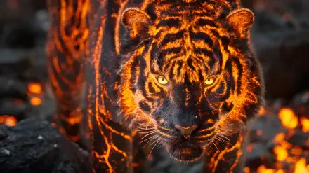 Fantasy lava tiger with molten stripes and glowing eyes, intense stare against rocky embers — 4K Ultra HD PC desktop wallpaper background.
