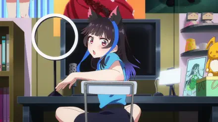 Anime HD PC desktop wallpaper of Mini Yaemori from Rent-A-Girlfriend, sitting at a desk, glancing over her shoulder before a TV monitor and framed photo in a colorful room.