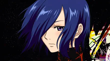 Touka Kirishima (Tokyo Ghoul) close-up: blue hair covering one eye, somber expression with red kagune accents against a dark starry backdrop — 5K Ultra HD PC wallpaper.