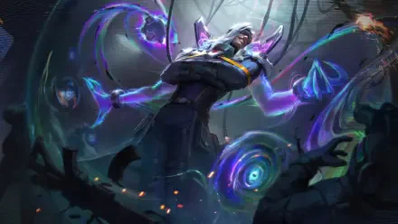 8K Ultra HD PC desktop wallpaper of Vladimir, the vampire from the video game League of Legends, levitating as blood-purple magic spirals around him in a shadowed, eerie forest.