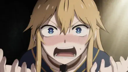 HD anime desktop wallpaper: Serafina de Lavillant from The Warrior Princess and the Barbaric King, close-up shouting with flushed cheeks, tearful, wide blue eyes and hands raised.
