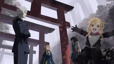 Anime HD PC desktop wallpaper: The Warrior Princess and the Barbaric King — four characters beneath a red torii gate in a misty forest; blonde girl excited, white‑haired man stoic.