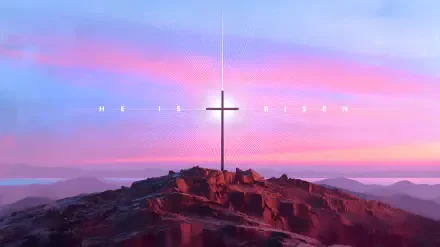 2K Quad HD PC desktop wallpaper: cross on a rocky hill at sunrise with He Is Risen text, symbolizing the empty tomb and the Christian resurrection.