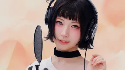 5K Ultra HD desktop wallpaper of a young woman with a black bob and choker at a microphone, wearing headphones against a peach backdrop — k-pop–inspired, Japanese model–like singer vibe.