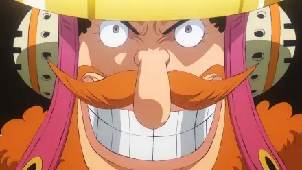 Anime HD PC desktop wallpaper of Usopp (One Piece) grinning wildly, showcasing his long nose, orange mustache and colorful helmet-like headgear in vivid anime detail.