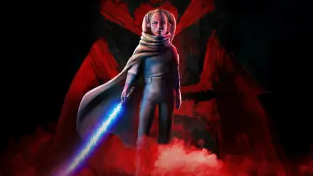 Star Wars: Maul – Shadow Lord 5K Ultra HD PC wallpaper: cloaked figure in red mist holds a glowing blue lightsaber before a looming Sith emblem.