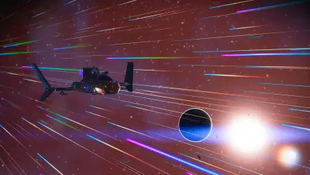 No Man's Sky video game 4K Ultra HD PC desktop wallpaper: spaceship streaks through multicolored star trails past a glowing planet and bright sun.