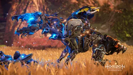 Video game Horizon Zero Dawn 4K Ultra HD PC desktop wallpaper/background: a glowing blue robotic raptor prowls through golden grass at sunset.