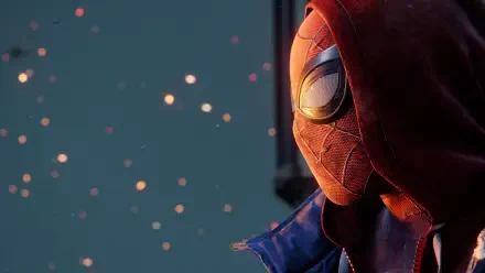 Spider-Man (PS4) close-up in a hooded suit against soft bokeh lights, rendered as a 4K Ultra HD PC desktop wallpaper and background.