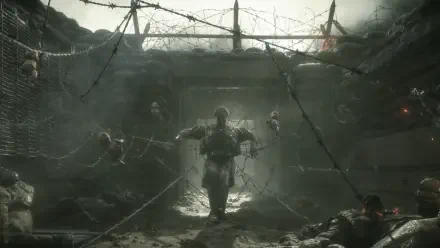 Death Stranding 4K Ultra HD PC wallpaper: lone porter walks through a barbed-wire, ruined tunnel carrying stacked cargo, silhouetted by pale backlight in a foggy, post-apocalyptic scene.