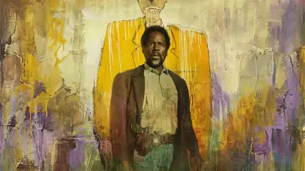 HD PC desktop wallpaper of a TV show (From 2022): a man in a brown coat and holster stands before a textured yellow-orange and purple painted backdrop.