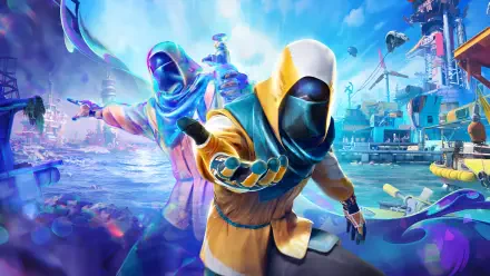 Tides of Tomorrow video game 2K Quad HD PC desktop background: masked hooded figures reach toward viewer over a neon waterfront city beneath vivid blue skies.