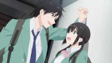 HD PC wallpaper of Miku Sakura and Yukiya Asagi from I Want to End this Love Game — Yukiya leans close, pinning Miku against a wall in school uniforms; she looks startled, romantic tension.