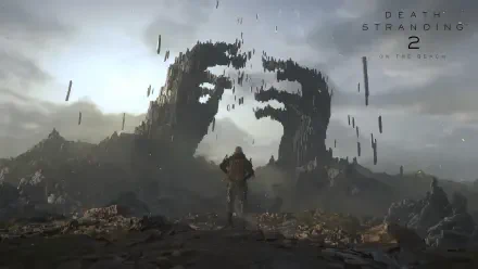 Death Stranding video game 4K Ultra HD PC desktop wallpaper and background: lone porter approaches a massive horse-shaped rock arch amid rain and drifting debris.