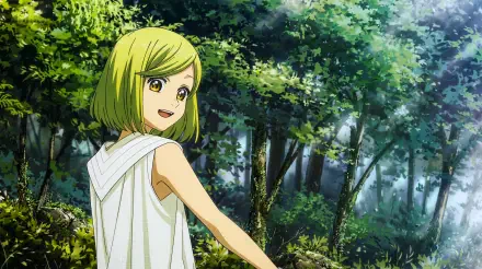 Witch Hat Atelier anime witch girl with short green hair smiling in a sunlit spring forest — fantasy 5K Ultra HD PC desktop wallpaper/background.