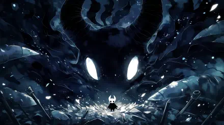 Hollow Knight video game dark gaming wallpaper: lone white-masked Knight game character stands before a towering shadow beast with glowing eyes, 2K Quad HD PC desktop background.