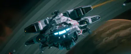 Everspace 2 video game 2K Quad HD PC desktop wallpaper: sleek armed spaceship with blue cockpit lights and thrusters streaking over a planet against a blurred starfield.