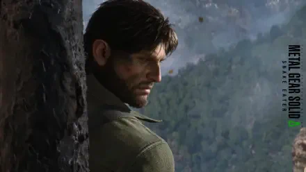 4K Ultra HD PC desktop wallpaper of Metal Gear 3 protagonist: a bearded soldier leaning against a cliff, staring across a misty forest valley in moody, cinematic light.