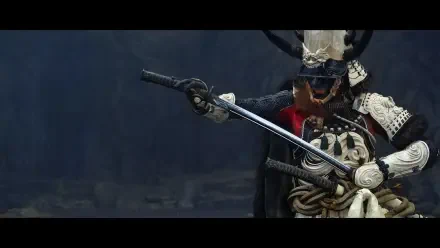 Ghost of Yōtei video game 4K Ultra HD PC desktop wallpaper and background: armored samurai with horned kabuto and mask, firing a pistol while drawing a sword in a dark misty battlefield.