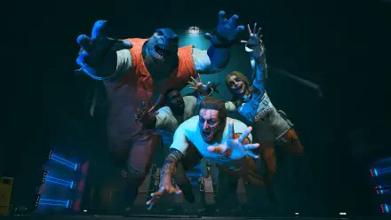 4K Ultra HD PC desktop wallpaper from the video game Suicide Squad: Kill the Justice League — four squad members lunging toward the camera in a dark industrial room with dramatic lighting.
