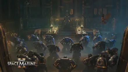 4K Ultra HD PC desktop wallpaper: Warhammer Space Marine squad in power armor assembled before a gothic throne, blue lighting and candles, cinematic video game battle-hall scene.
