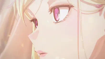 HD PC desktop wallpaper of Noren Mitsuoka from KILL BLUE — anime close-up profile of a blonde girl with pink-violet eyes, soft glowing light and delicate facial detail.