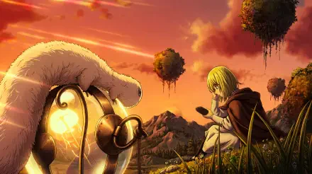 5K Ultra HD PC Desktop wallpaper: Coco (Witch Hat Atelier), a cute anime girl in a cloak at sunset, sitting by a glowing lantern and white creature amid floating islands in a fantasy landscape.