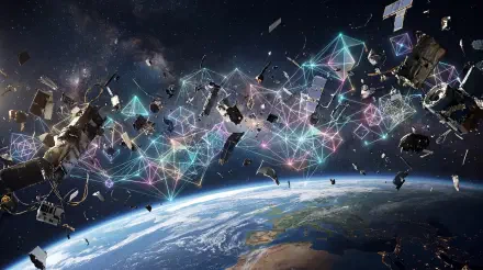 5K Ultra HD PC desktop wallpaper/background: drifting space debris and satellite fragments above Earth, threaded with neon geometric light networks.