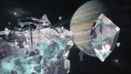 4K Ultra HD PC desktop wallpaper & background: space mining — crystalline asteroid fields, a mining ship and tethered astronauts drifting before a ringed gas giant.