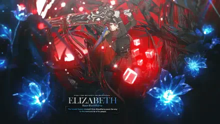 HD PC desktop wallpaper of Elizabeth Rose Bloodflame: dark red and black scene with glowing red runes, blue crystalline flowers, and a silhouetted central figure with the title.