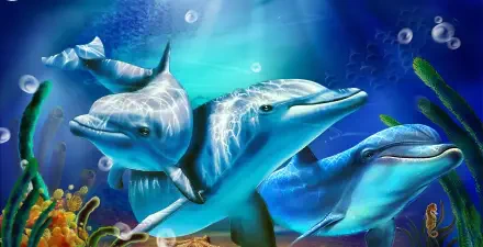 HD PC desktop wallpaper background: three porpoises swimming through a vibrant blue underwater scene with coral, bubbles, and sunlit water.