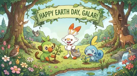 2K Quad HD PC wallpaper: Grookey, Scorbunny, and Sobble celebrate Earth Day in Galar — Grookey plants a sapling, Scorbunny waters it, and Sobble watches by a forest stream.