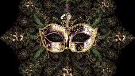 Ornate gold, purple and green Mardi Gras mask with feathered filigree on a dark kaleidoscopic backdrop — 4K Ultra HD PC desktop wallpaper and background.