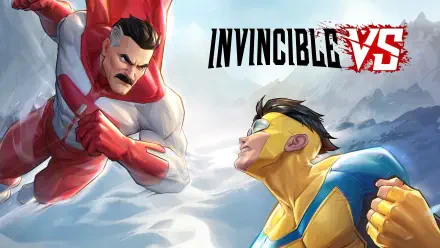 4K Ultra HD PC wallpaper for video game Invincible VS: Omni-Man and Mark Grayson (Invincible) clash mid-air beneath the game's logo.